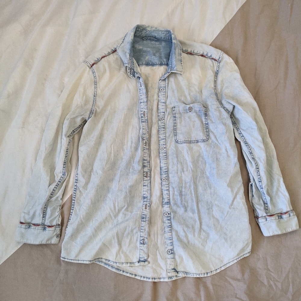 Zara Oversized Bleach Acid Wash Tribal Denim Shirt